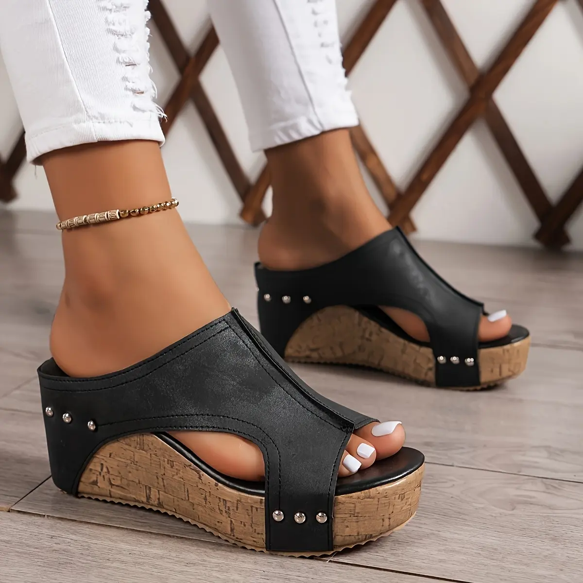 Women's Wedge Sandals - EVA Cushioned Retro Open-Toe Casual Platform Footwear with Comfortable Synthetic Upper and Side Cut-Outs, Women's Sandals