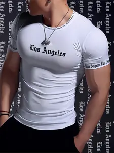 Men's Los Angeles Print Fitted Muscle Tee, Breathable Quick-Dry High Elasticity Soft Polyester Fabric, Gym Workout Tee, Ideal for Gym Running Cycling, Athletic Tops