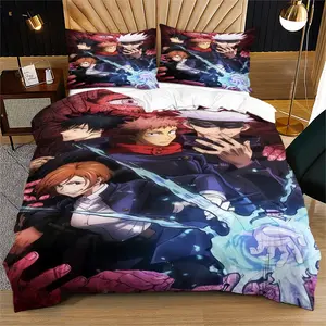 Jujutsu Kaisen Pattern Printed Soft Durable Decorative Bedding Set, Includes 1 Fitted Sheet and 1 or 2 Pillowcases, Excluding The Core And Pillow Core, Modern Style Bedroom Decor