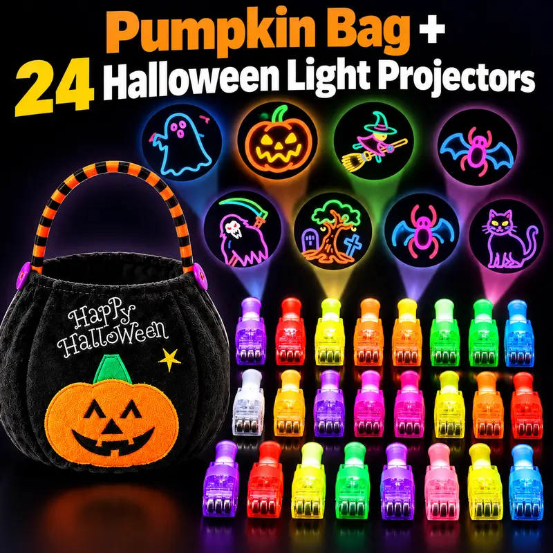 EFFUN 24PCS Plastic Finger Lights - Halloween Projection Novelty Lighting, 24 Kinds to Collect, Bright Wall Projections, Classroom-Ready, Kids 3+ Easy-Carry Halloween Mini Toys, Parents' Candy-Free Surprise, Cool Gifts for Kids, Party Favors