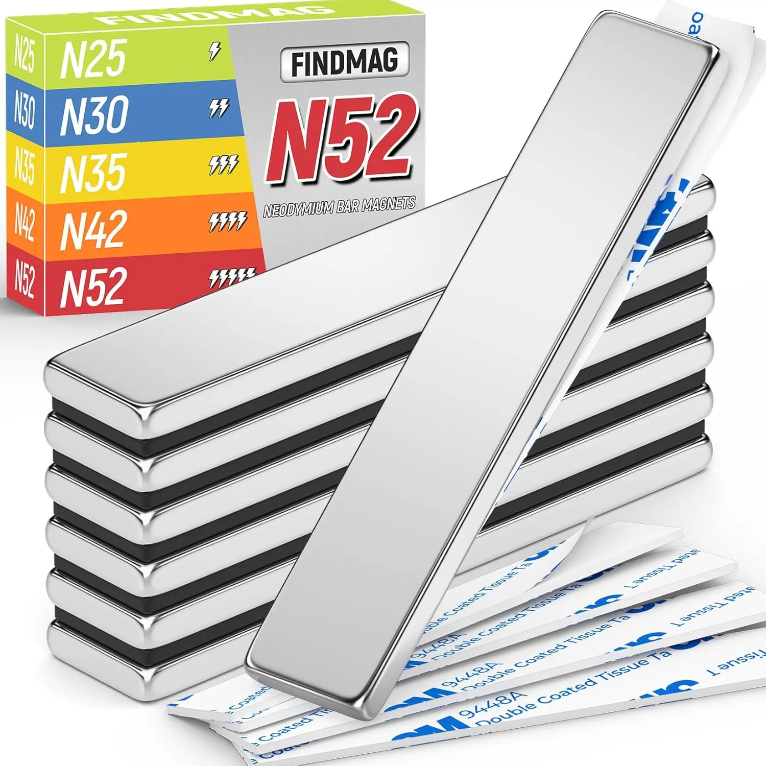 N52 Bar Magnets with Double-Sided Adhesive, Extra Powerful Magnet Bars, Industrial Bar Magnets, Pocket Waterproof Neodymium Magnetic Bars for Garage, Wall, Shower, Flat, 60x10x3mm - 40lbs