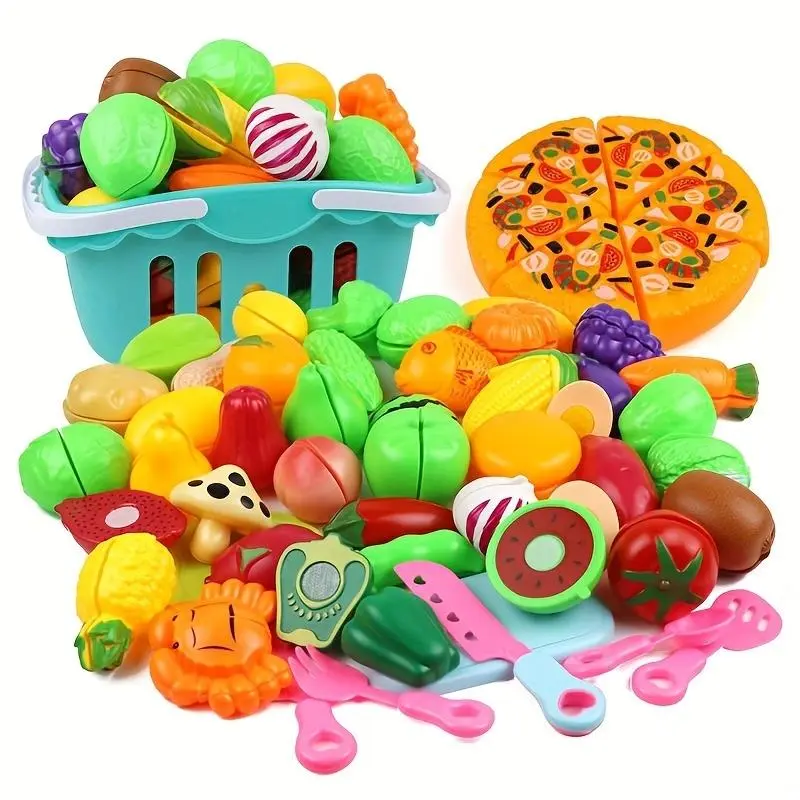 25/27 Piece Children Fruit and Vegetable Cutting Toy Set, Realistic Kitchen Pretend Play Set, Play Food Set, Toddler Cooking Playset for Boys and Girls, Enhances Fine Motor Skills and Creativity