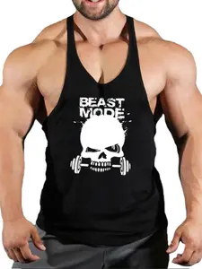 Men's 'beast Mode' Skull Thin Strap Vest, Quick-Dry Muscle Shirt for Fitness Training, Sporty Loose-Fitting Graphic Tank Top, Workout Vest