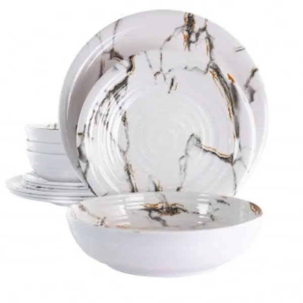 Elama Fine Sculpture 12-Piece Lightweight Melamine Dinnerware Set, White, Shatter-Resistant Melamine Dinner Sets, Shatter-Resistant Dinner Sets