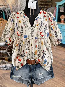 【Plus Size】 Floral Print Notched Neck Boho Cottagecore Blouse, Boho Floral Printed Casual Bishop Sleeve Top for Summer, Women's Clothes for Daily Wear