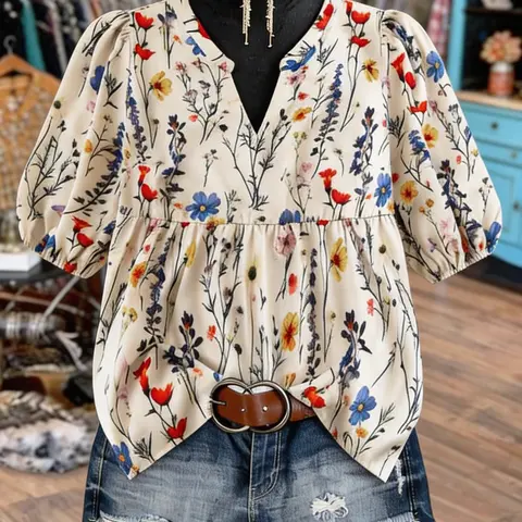 [Plus Size] Floral Print Notched Neck Boho Style Shirt Clothing Blouse Shirts, Casual Bishop Sleeve Top for Summer, Women's Clothes for Daily Wear