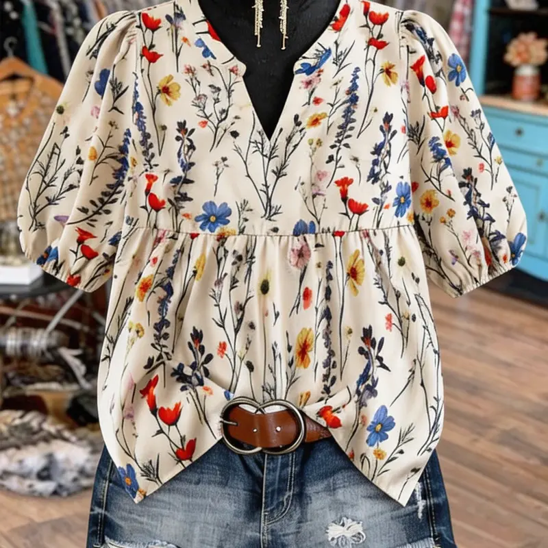 [Plus Size] Floral Print Notched Neck Boho Style Shirt Clothing Blouse Shirts, Casual Bishop Sleeve Top for Summer, Women's Clothes for Daily Wear