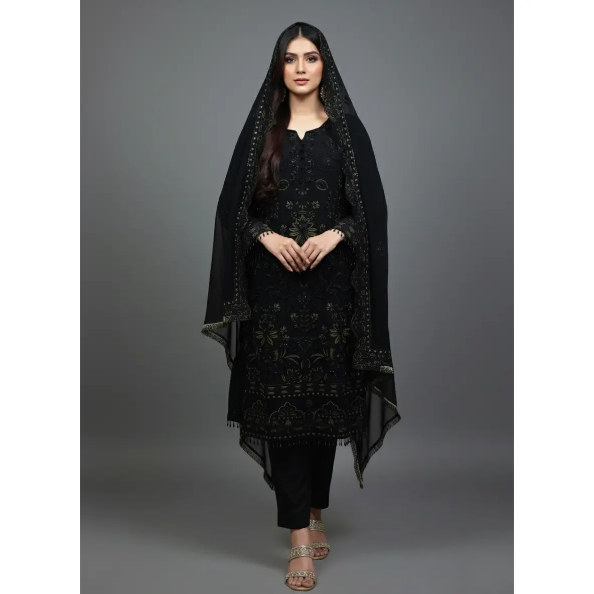 Women's 3-Piece Traditional Chiffon Pakistani Dress Set - Elegant, Pearl, Bead, Sequence Work, Front & Dupatta, All-Season, USA Sizes, Easy to Order for USA Women Shoppers