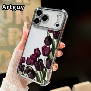 Phone Case for iPhone 17 Pro Max 16 15 Plus Air 14 13 12 11 E Burgundy Tulips Pattern Four-corner Thickened Anti-drop Protective Silicone Cover Gift