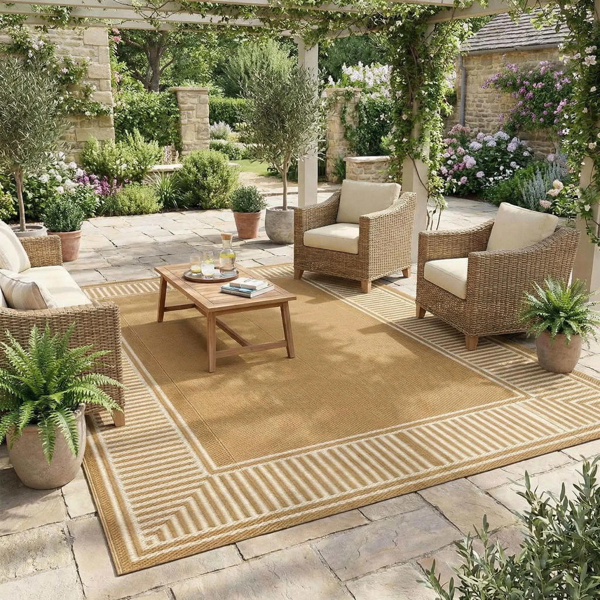 Waterproof Plastic Straw Outdoor Rug  Patio Reversible UV Resistant Foldable Camping Carpet Modern Striped Large Outdoor Rugs for Deck, Camper, Balcony, Beach，Light Brown/Coffee