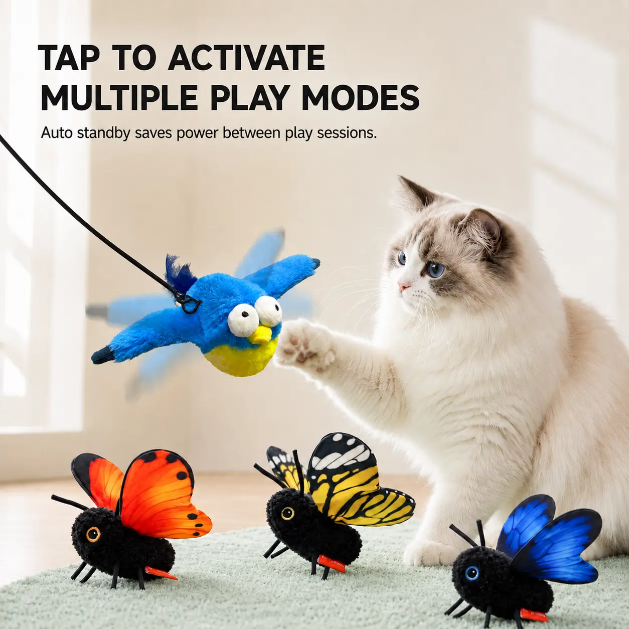 Interactive Electric Butterfly & Bluebird Cat Toy, 3 Smart Flying Modes, USB Rechargeable Hanging Teaser Toy with Washable Cover for Indoor Cats