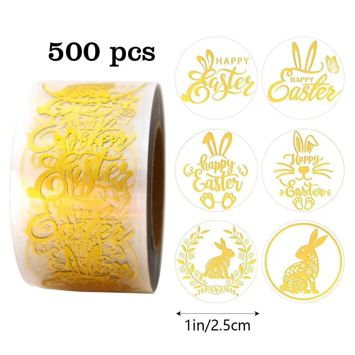 1 Roll 500 Stickers Style Transparent Gold Foil Easter Bunny Round Labels Party Gift Sealing Stickers Holiday Daily Use