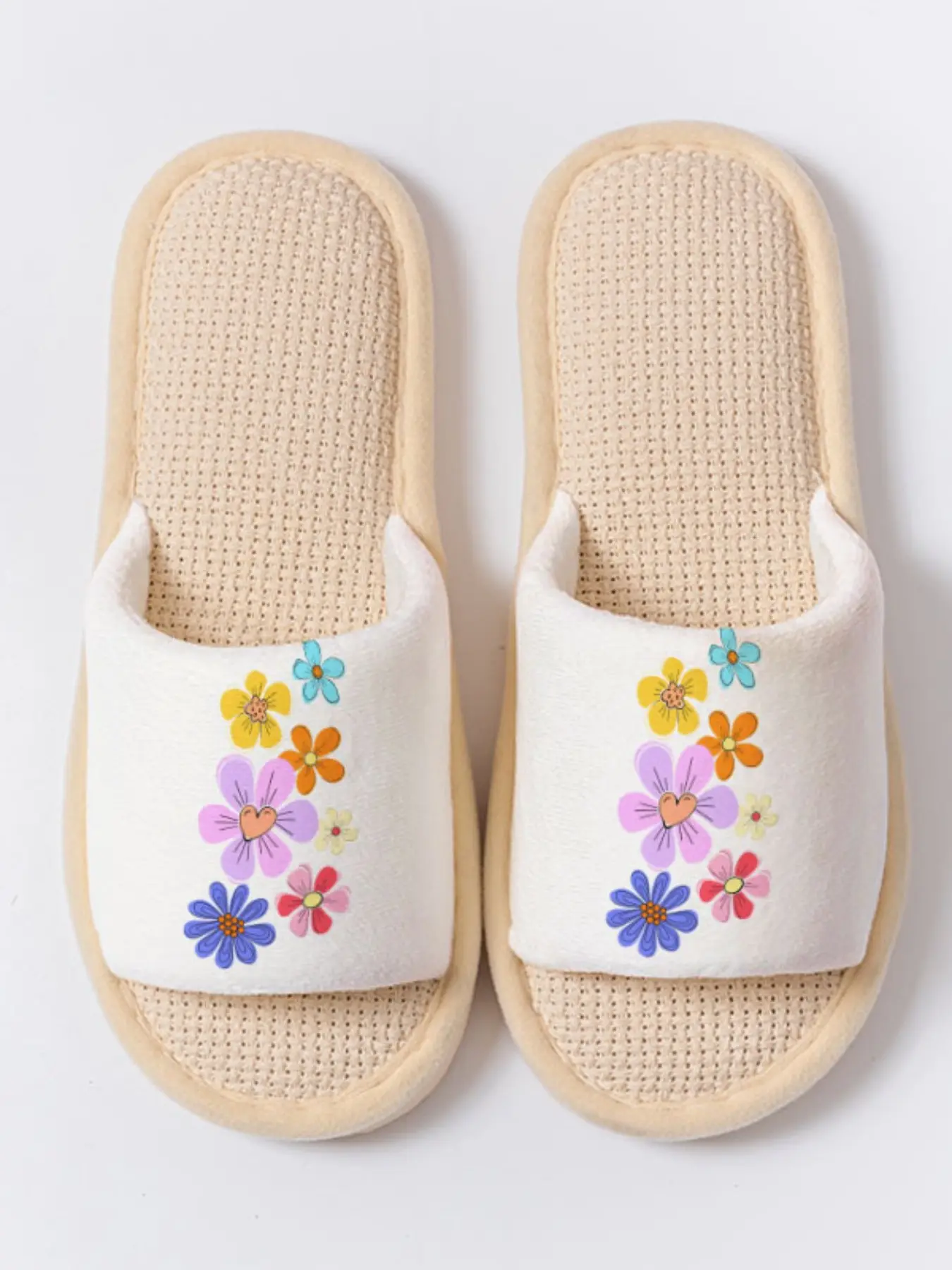 Colorful Daisy Floral Print Linen Slippers, Cheerful Non-Slip Breathable All Season Home Shoes for Women Men Family Guest Daily Wear