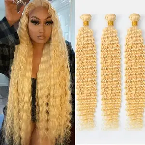 24K Extensions 30  Inch Curly 613 Honey Blonde Bundles Extensions Deep Wave Brazilian Remy Human Hair Bundles