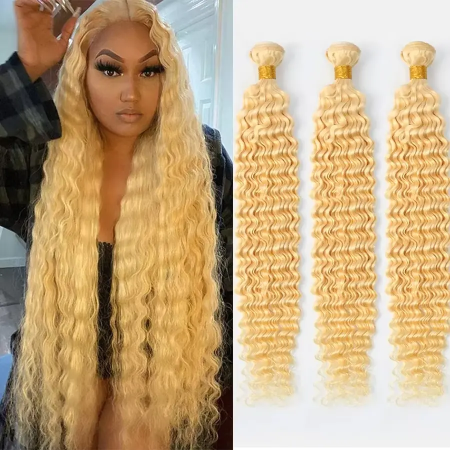 24K Extensions 30  Inch Curly 613 Honey Blonde Bundles Extensions Deep Wave Brazilian Remy Human Hair Bundles