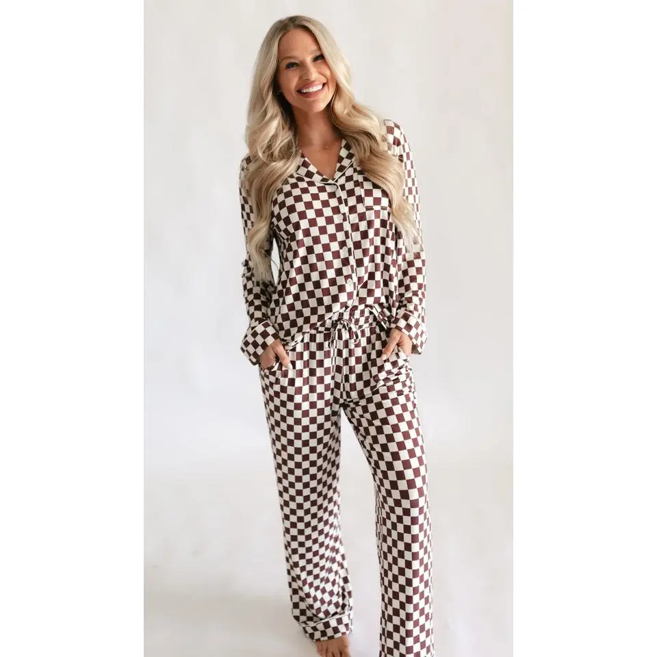 Women's Button Up Set In Cream + Brown Checkered