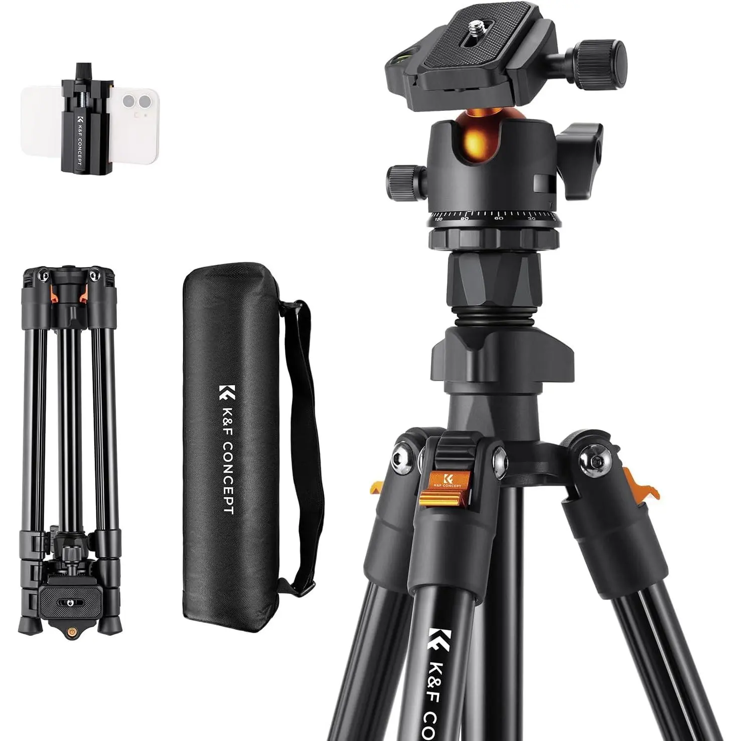 K&F CONCEPT 64 inch/163 cm Camera Tripod,Lightweight Travel Outdoor DSLR Tripods with 360 Degree Ball Head Load Capacity 17.6 lbs/8 kg,Cellphone Clip for Smartphone Live Streaming Vlog O234A1+BH-36