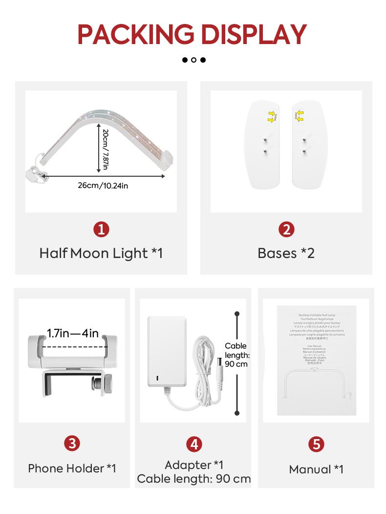 Professional Half Moon Nail Lamp, Foldable 25.6" U-Shaped LED Nail Desk Light With Phone Holder, Dimmable, Adjustable Color Temperature 3000K–6500K