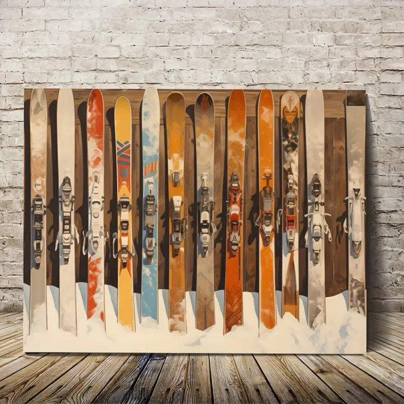 2D Vintage Ski Wall Art - Abstract Ski Canvas Print, Wrapped Edge Frame, Decoration for Hotels, Ski Resorts, and Homes, Winter Wonderland Atmosphere, Cozy Winter Sports Theme Decor
