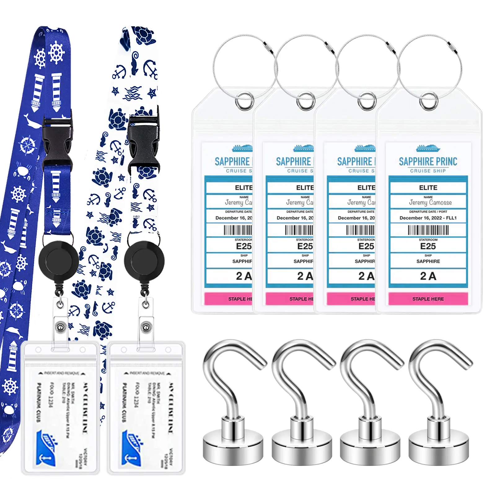 Cruise Kits Pack with Luggage Tags, Magnetic Hooks, Cruise Lanyard for Travel Luggage Cruise Kits Pack with Luggage Tags, Magnetic Hooks, Cruise Lanyard for Travel Luggage
