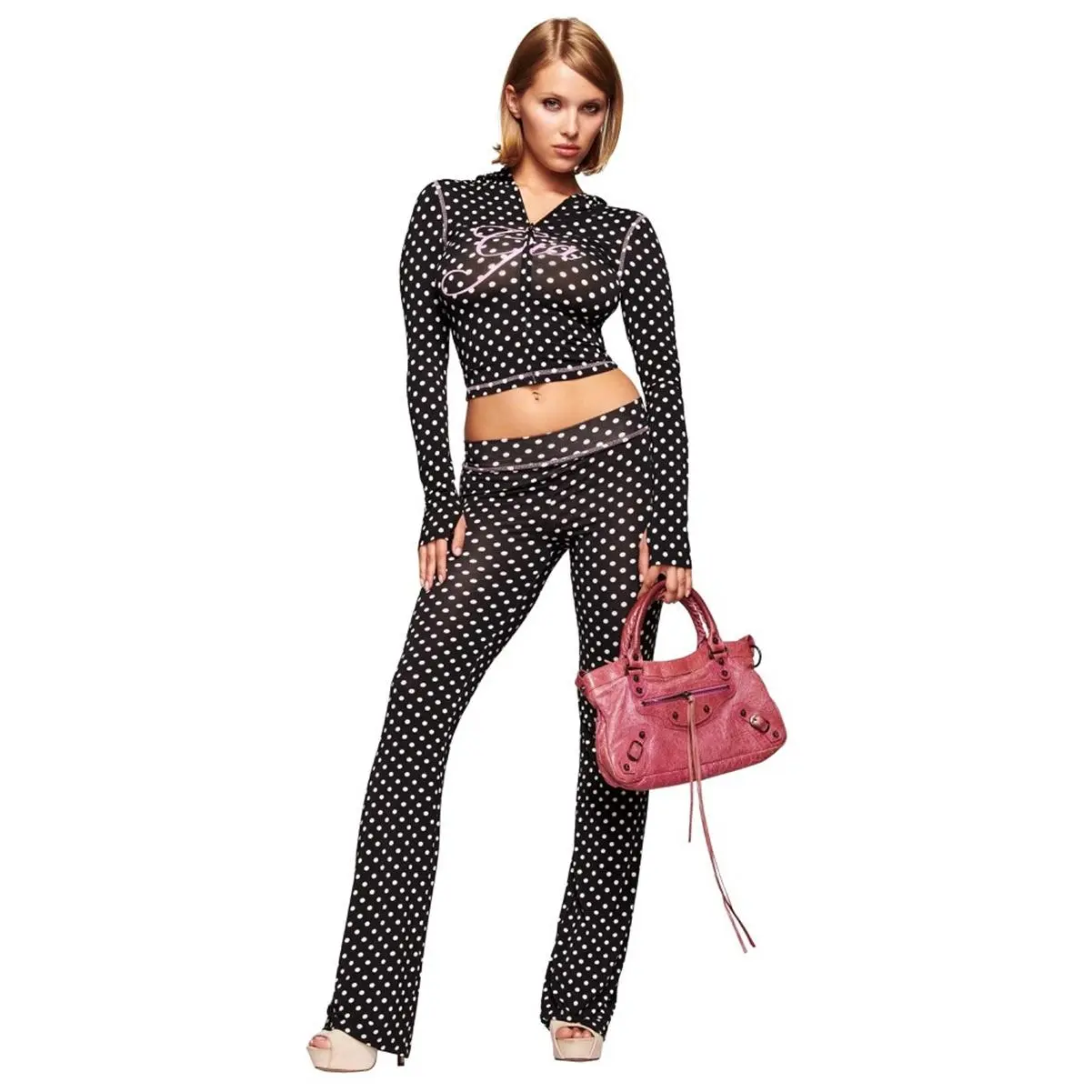 Women's 2-Piece Sports Tracksuit, Streetwear Polka Dot & Letter Print Outfit with Hooded Zipper Sweatshirt and High-Waist Pants, Women's Two Piece Set, Female
