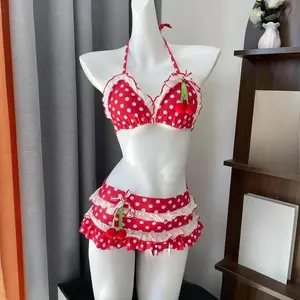 Japanese Style Kawaii Girls Swimsuit Sweet Printed Halter Bikini Swimsuit Women Ruffle Bikini Set Bather Bathing Suit Swim