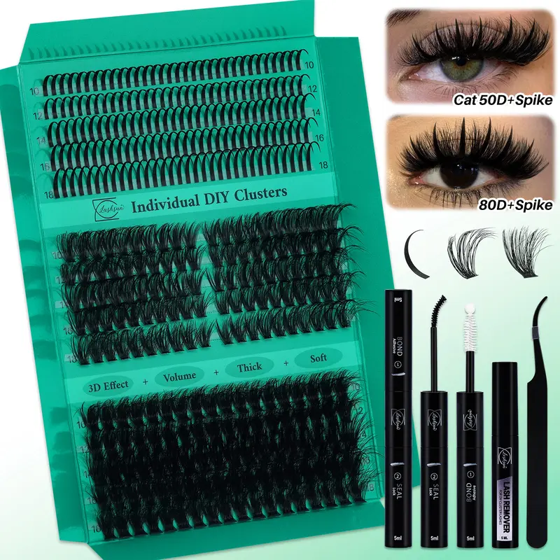 350 PCS Lash Clusters Kit D Curl Spike/Cat 50D/80D 3 Styles Mix10-18mm Lashes Kit, Eyelash Set, Beginner Friendly Lashes, with Bond&Seal Lash Remover Lash Applicator, For Beginners, DIY False Eyelashes at Home Easily, Easy Apply for Makeup Daily