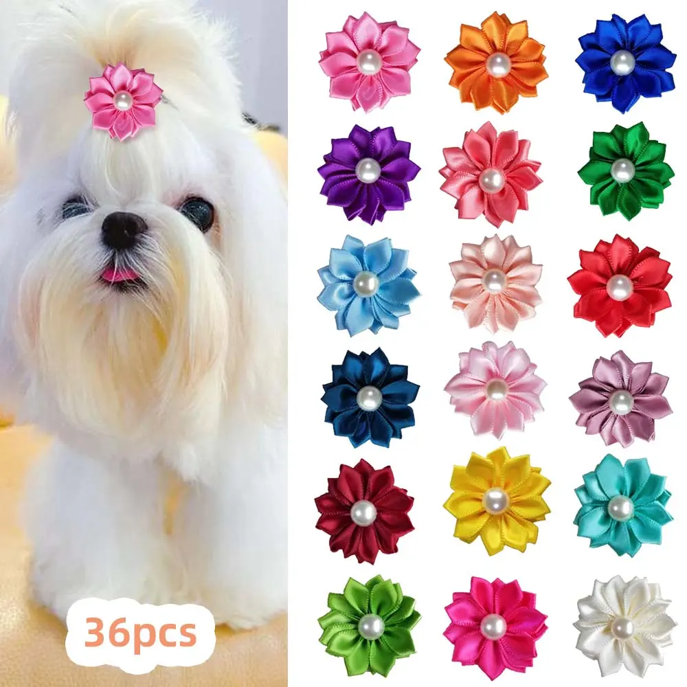 36 Dog Flower Bows, Mixed Handmade Puppy Hair Grooming Bows, Pearl Flower Head Knot Dog Bows for Puppy Yorkie Hair Accessories