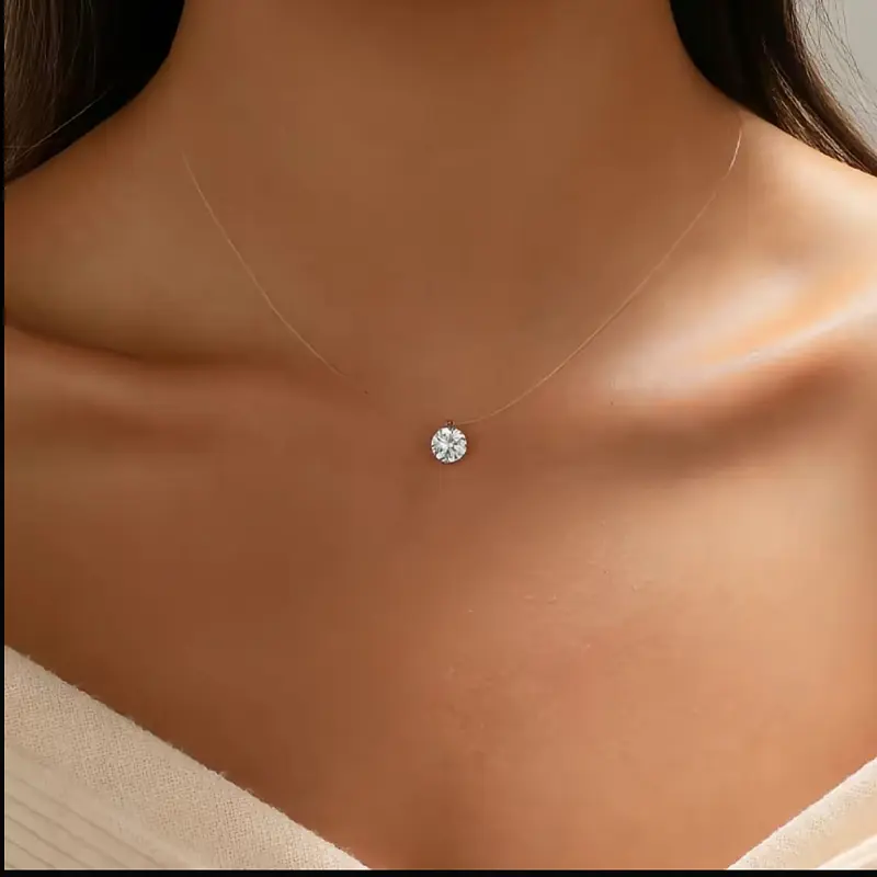 RD women’s necklace with floating cubic zirconia pendant on invisible transparent cord; minimalist choker with adjustable length; everyday layering jewelry for women; gift; summer outfits; vacation outfits; beach outfits; thick clear invisible fishing lin