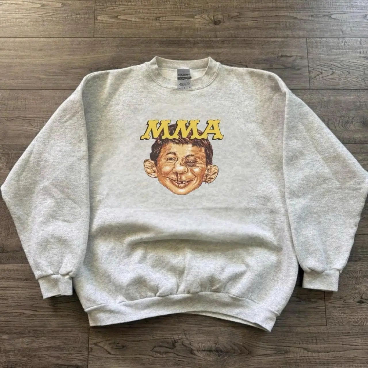 Gray funny boxing face crewneck sweatshirt with cartoon face graphic - Gildan reprinted shirt