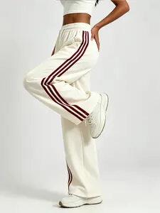 2 pcs women’s mid-rise elastic drawstring classic three-stripe straight sweatpants, American retro athletic style, casual straight pants for fitness, campus, and everyday wear, versatile sports long pants suitable for all seasons