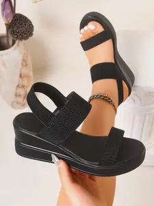 2026 Summer New Elastic Cross Strap Adjustable Wedge Sandals, Fashionable Heeled Sandals, Women Thick Sole Height Increase Casual Open-Toe Shoes, Lazy One-Step on Footwear
