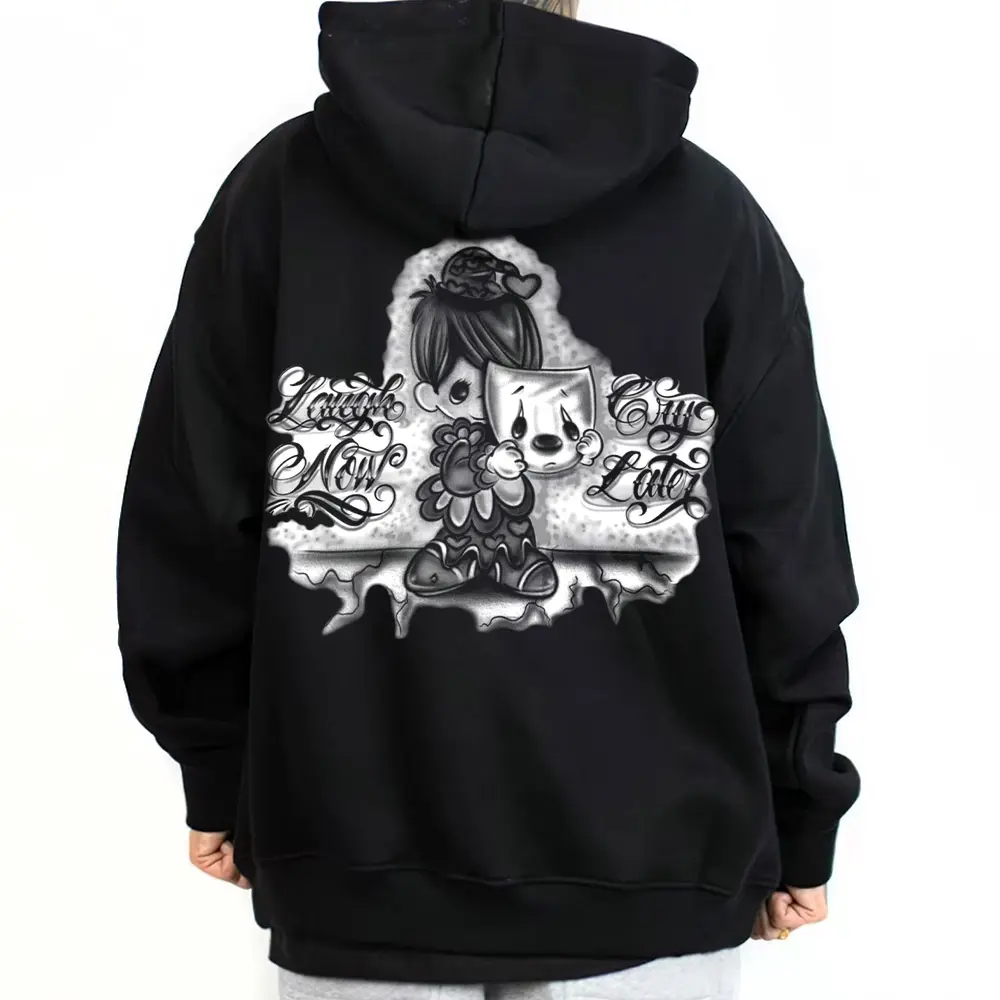 Graphic-Hoodie & Tee Laugh Now Cry Later Neon Chicano Streetwear Hoodie, Gangster Style Graphic T-Shirt Unisex Men Women Urban Fashion Pullover, Full Color West Coast Lowrider Apparel