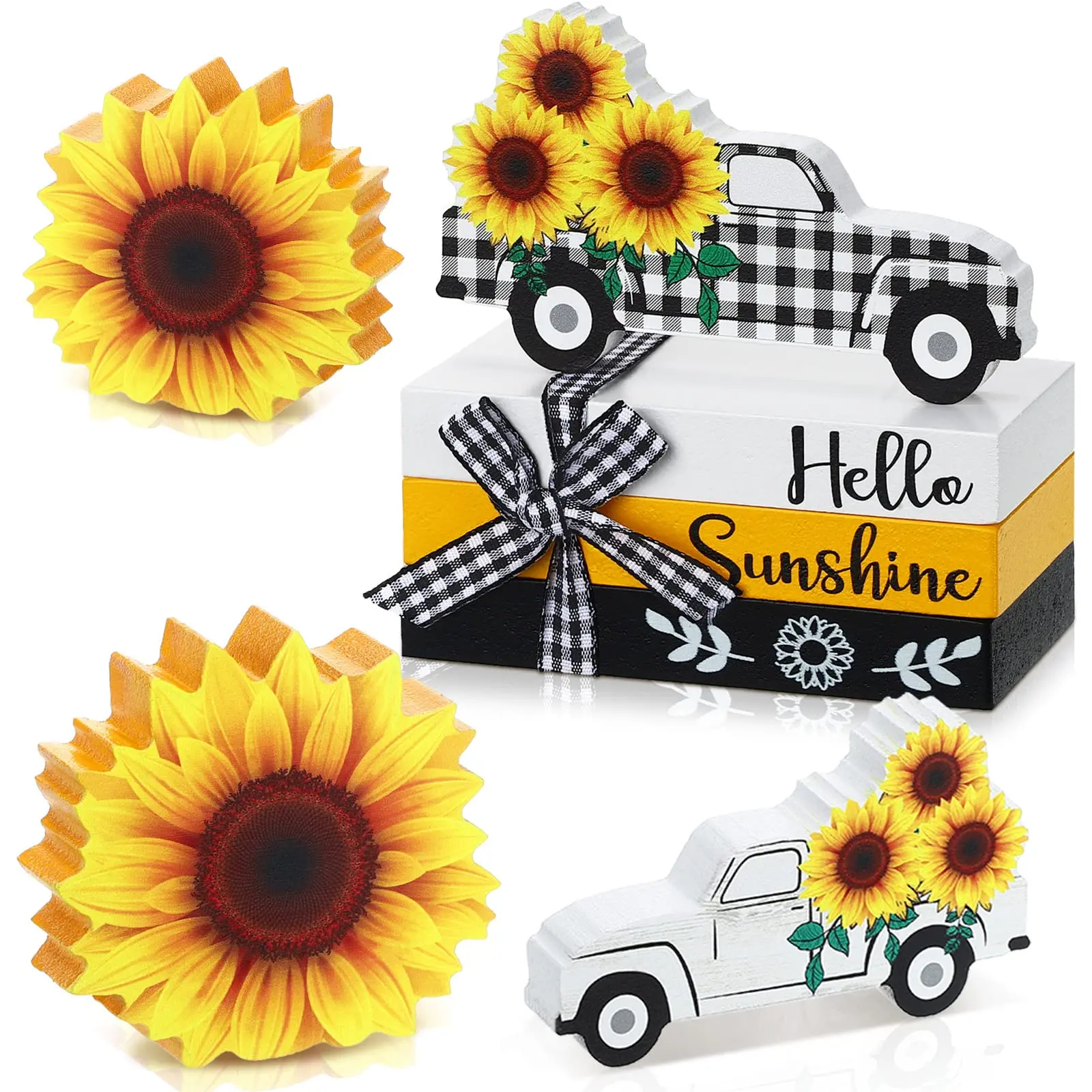 5 Sunflower Table Decorations Summer Tiered Tray Decor Mini Wooden Decorative Books Stack With Twine Wood Truck Sign For Home Kitchen Shelf Tabletop Centerpieces
