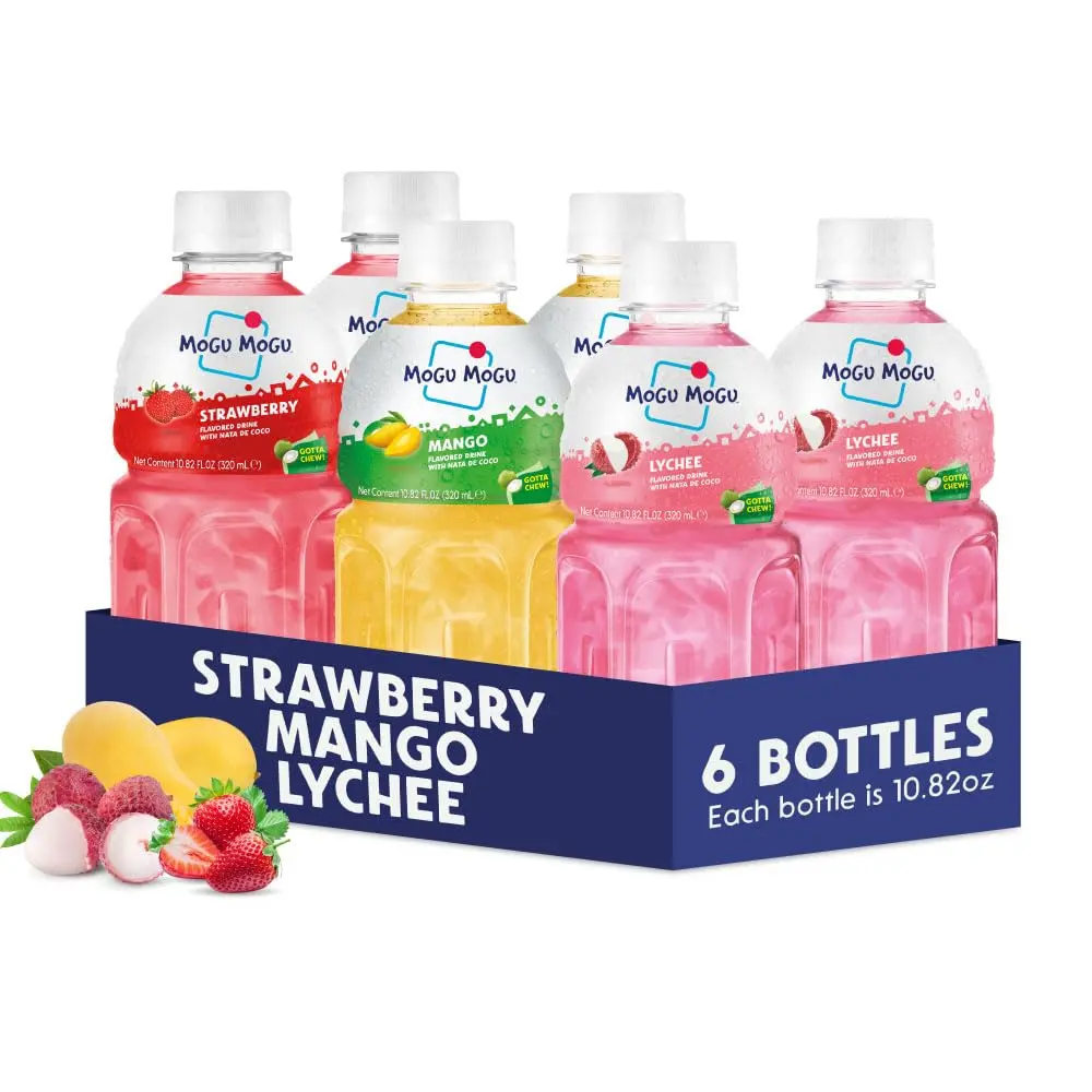 Mogu Mogu Variety Pack Fruit Drink with Nata de Coco, Lychee Strawberry Mango, Chewy Coconut Jelly Beverage, 6 Bottles 10.82 fl oz