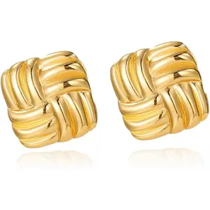 Gold Statement Chunky Stud Earrings for Women,Geometric Square Textured Vintage Trendy Jewelry