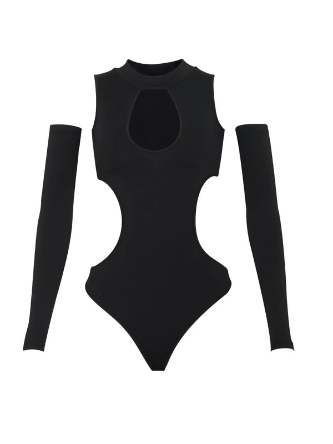 Women's Solid Cut Out Bodysuit, New Trendy Mock Neck Bodysuit with Arm Sleeves, Summer Clothing for Party Club, Ladies Summer Clothes, Womenswear