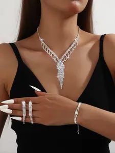 Bride Wedding Jewelry Set, Luxurious Sparkling Synthetic Zircon Flower Fringe Necklace Bracelet Earrings Three-Piece Set