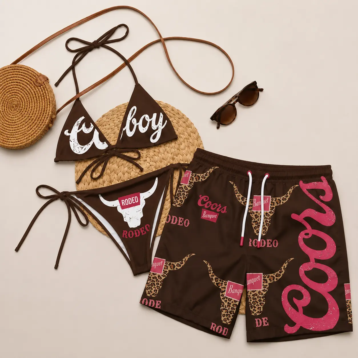 Coors Matching Couple Swimwear Set 2026 – Bikini Set & Men’s Beach Shorts, Tropical Hawaiian Summer Vacation Outfit Gift