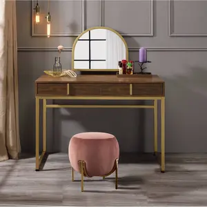 Coleen Walnut & Gold Vanity Desk!W/Mirror, Jewelry Tray.2 Drawers, Metal Frame.Bedroom/Beauty Nook.Makeup/jewelry storage.