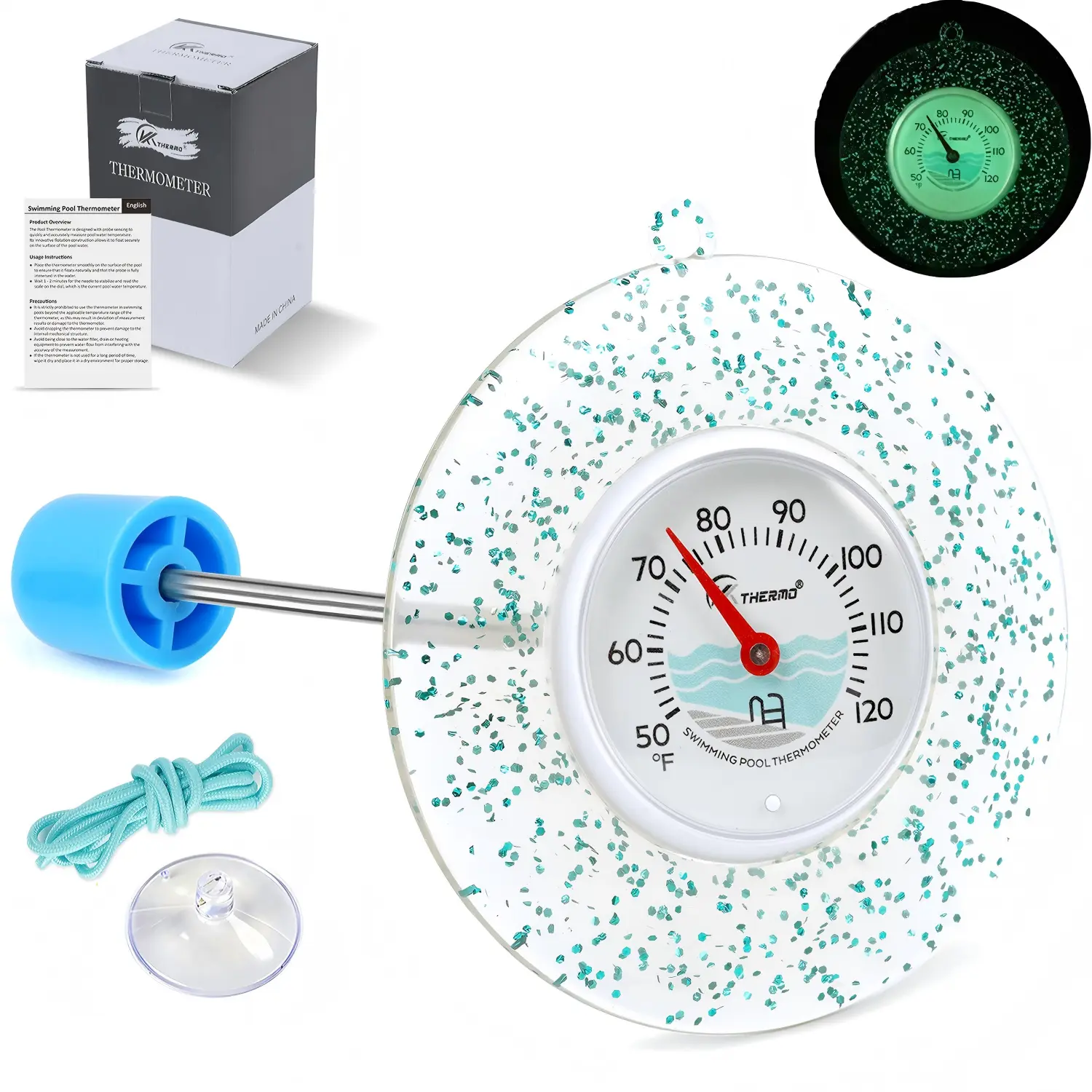 Glow Dial Floating Pool Thermometer Easy Read - Glitter Water Temp Gauge