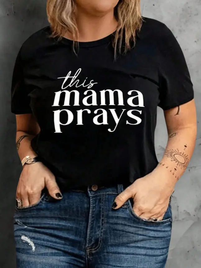 Y2k Clothing Plus Size Clothing Brands Simple Printed Round Neck Short Sleeve T-Shirt This Mama Prays Graphic Tees Women Tops Mother's Day Gifts Casual Black