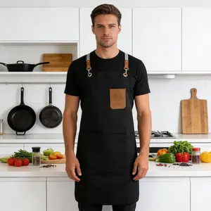 Premium Chef Apron for Modern Home Cook - Durable Canvas with Leather Straps & Spacious Pockets - Sleek Black Design for Kitchen Use