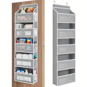 Door Hanging Storage Rack - 5+5 Pockets for Everyday Storage with 5 Large Clear & Mesh Side Pockets for Bedrooms Bathrooms & Food Storage Rooms Grey Organizer Set Installation Hangable 10 - 15 Kg Capacity