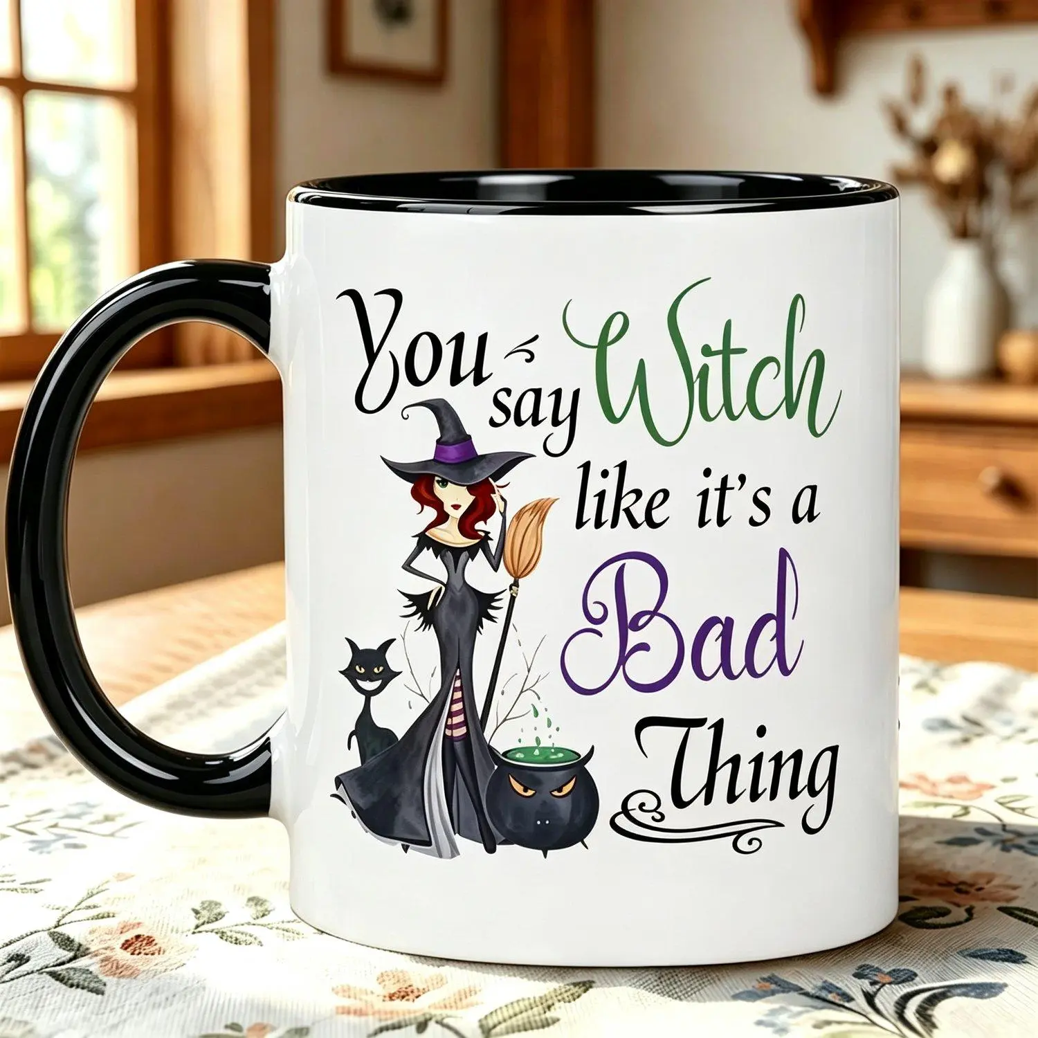 Ceramic Mug You Say Witch Like It'S a Bad Thing Witch Cat Cauldron Cartoon Reusable Coffee Cup for Hot And Cold Drinks Great Gift for Halloween Gift for Friend, Sister, Witch Lover