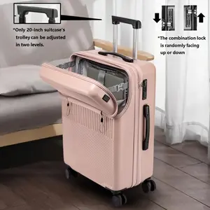 20 Inch Luggage, Carry on Luggage Airline Approved, Travel Function Boarding Case, Front Opening, Hard Sided Luggages with Password Lock USB Port And Spinner Wheels, Suitable for Daily Use, 801 Pink