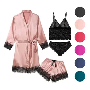 ALEXO European And American Ladies Pajamas Four-piece Set Underwear panties translucent