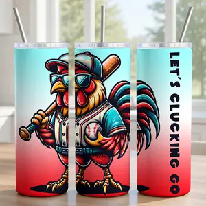 Funny Rooster Baseball Tumbler 20oz - 18/8 Food-Grade Stainless Steel Insulated Cup with Sliding Lid, Metal Straw & Brush - "Let's Clucking Go" Humorous Sports Gift for Players & Coaches - Badass Chicken Design - Ships in 2 Days