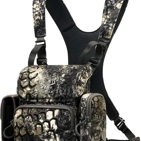 MOXULE Adjustable Binocular Harness Chest Bag - Multifunctional, Lightweight, Durable, 500D Nylon Tough Waterproof 3-Layer Tricot Polyester Camo Bag with Rangefinder Holder, Small Gear Side Pocket, Magnetic Lock (Hiking, Birdwatching, Outdoor Safe)