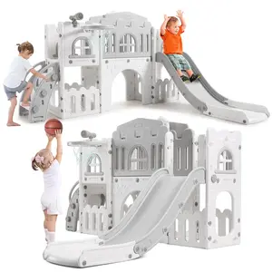 【GARVEE】8-in-1 Toddler Slide Indoor Playground Playset for Ages 1-3 with Slide, Basketball Hoop, Climber, Crawling Tunnel, Telescope, and Toy Storage - Perfect Indoor and Outdoor Activity Center